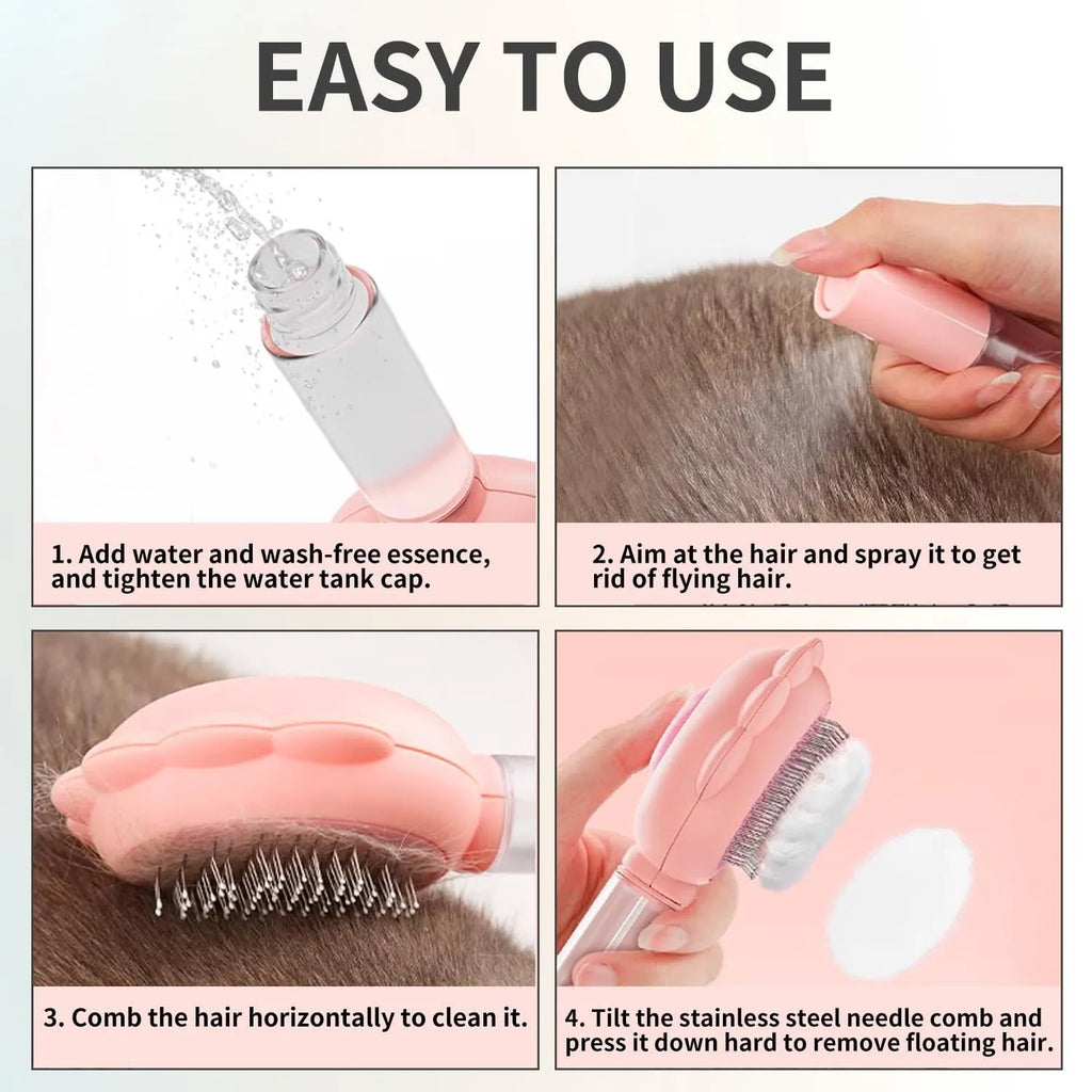 Grey spray grooming brush for cats with a self-cleaning button and curved stainless steel bristles.