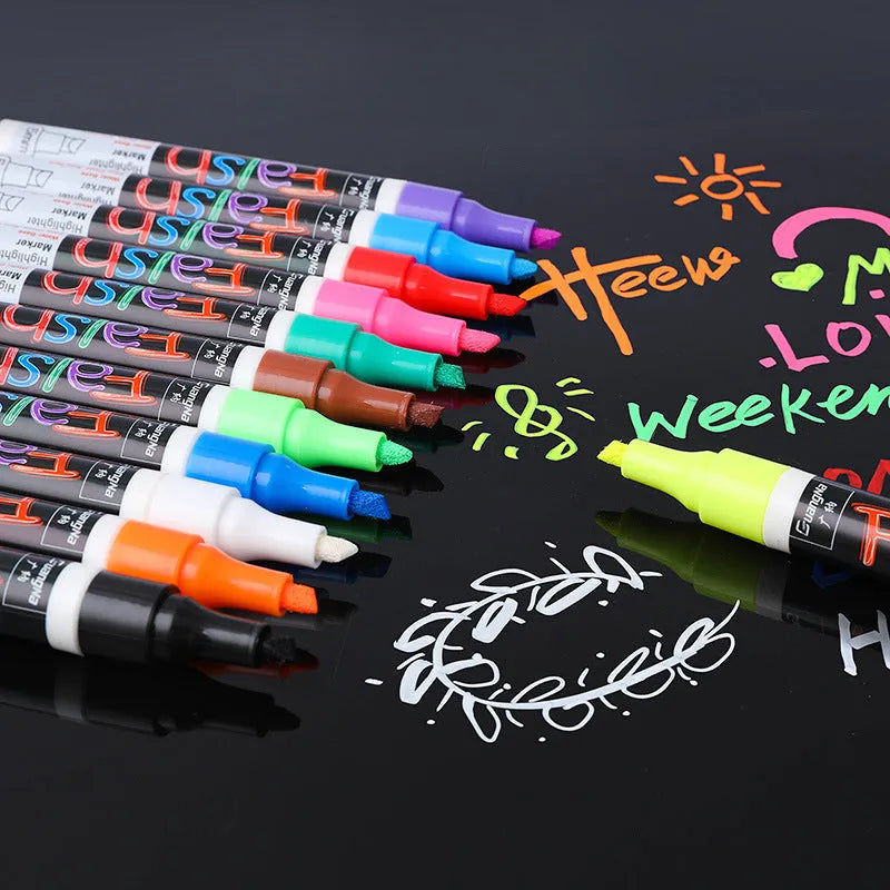 Oblique-shaped 6mm fluorescent board highlighter with plastic shell and 8-colour set on card packaging.