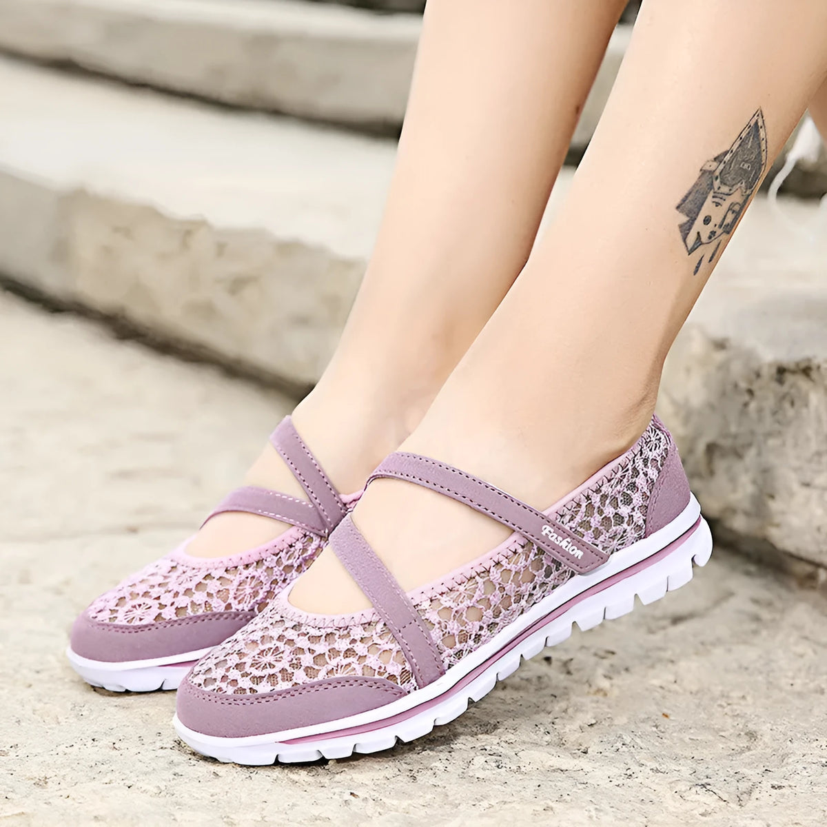 Women's mesh lace-up casual shoes in beige colour with round toe and flat heel design