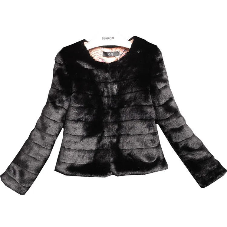 A woman's short faux fur top in beige, shown on a hanger.