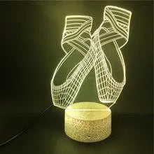 3D ballet shoes night light with colourful LED glow, showing remote control and USB cable.