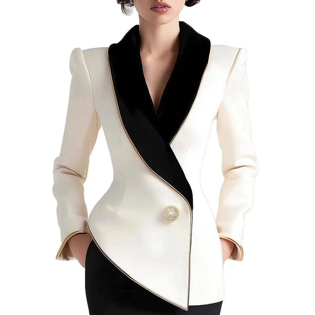 Women's milky white coat with irregular hem and golden pearl buttons on long sleeves
