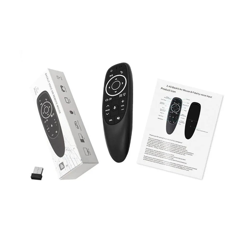 G10S intelligent wireless remote control with silicone buttons and plastic shell, shown next to its packaging.