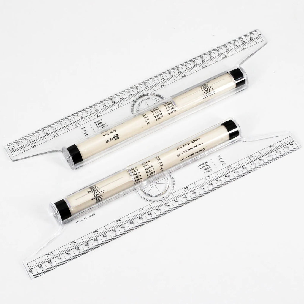30cm plastic rolling ruler with calibrated rollers, angle and arc rapporteur, magnifying glass, and hole vertical line drawing function