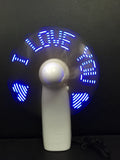 White handheld mini fan with a flashing blue and red LED 'I Love You' heart pattern on the front.