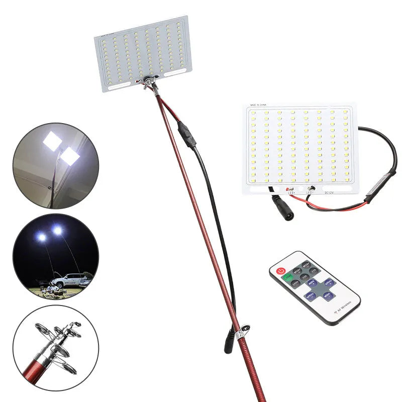 White LED fishing rod light on a telescopic pole with a remote control, showing the 120x95mm panel.