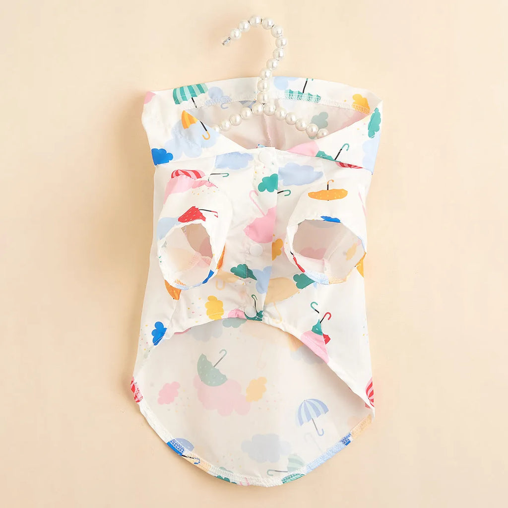 Colourful cartoon umbrella pattern dog raincoat on model dog