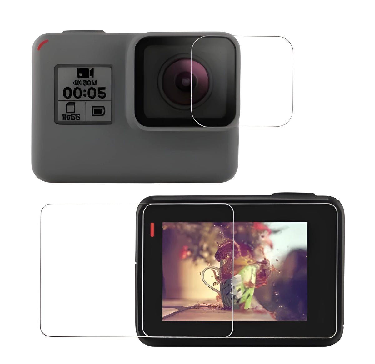 Transparent 9H tempered glass screen and lens protector films for GoPro Hero 5, 6, and 7 cameras.