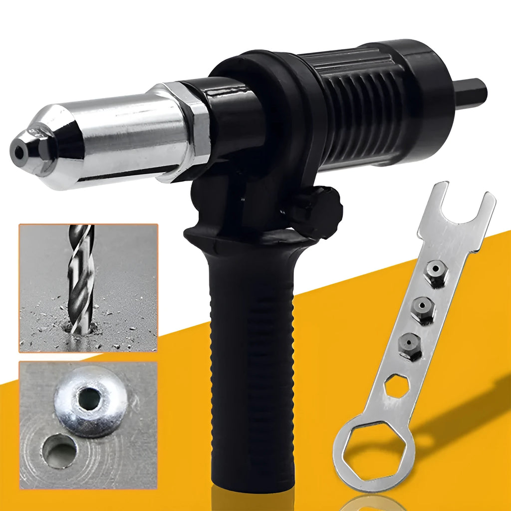 Black metal electric drill attachment rivet gun with handle, wrench, and rivet heads on a workshop bench.