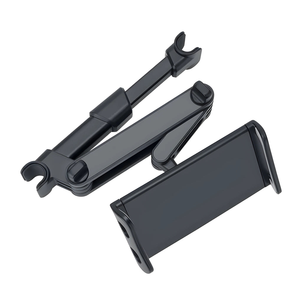 Black universal car phone holder mounted on a rear car seat, holding a tablet for navigation.
