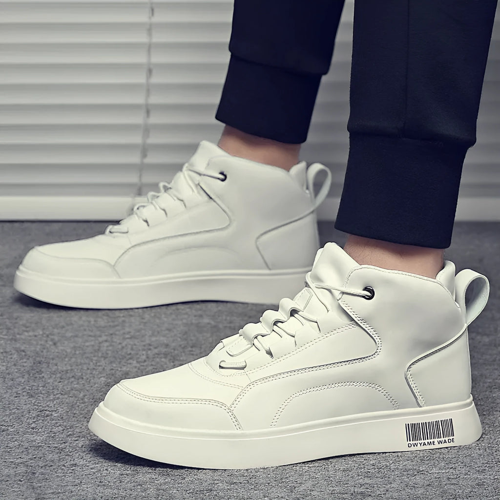 Men's white mid-top sports board shoes with round toe and lace-up closure on a rubber sole.