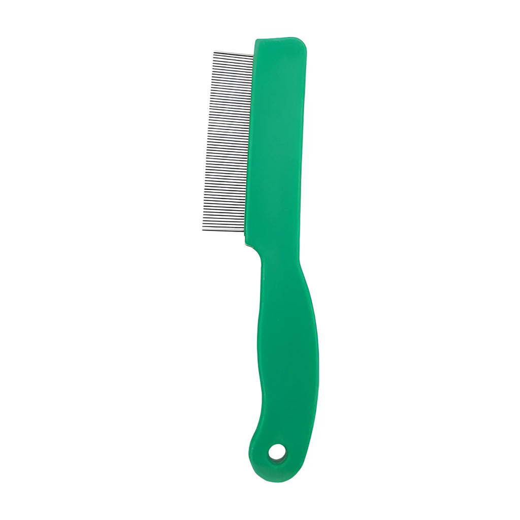 Green plastic handle flea comb with stainless steel pins for dogs and cats.
