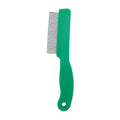 Green plastic handle flea comb with stainless steel pins for dogs and cats.