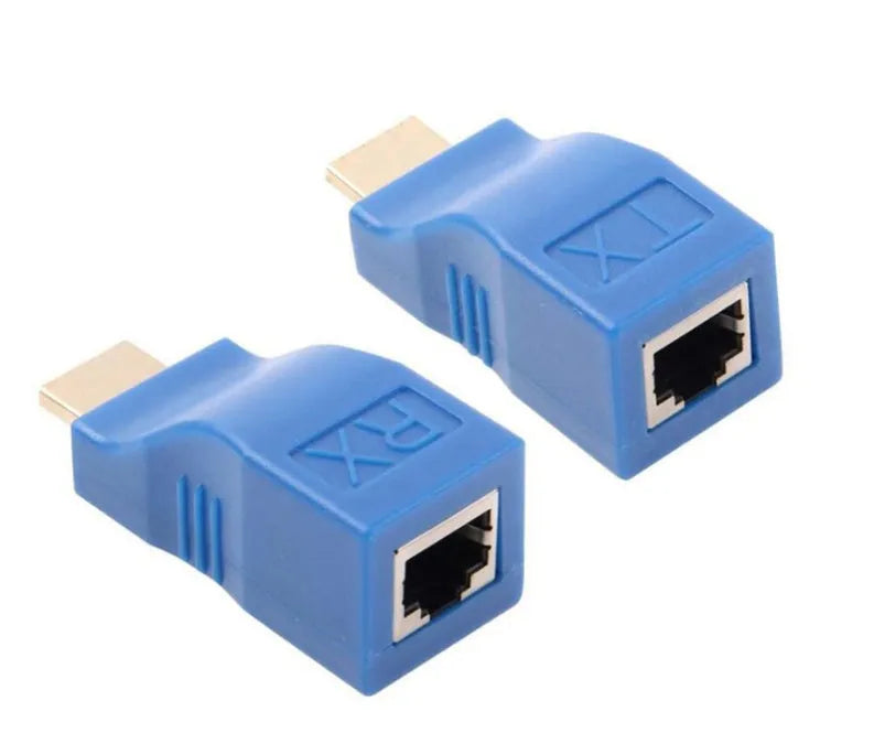 A pair of compact black HDMI extender units for transmitting 1080p video over a Cat-5e or Cat-6 network cable.