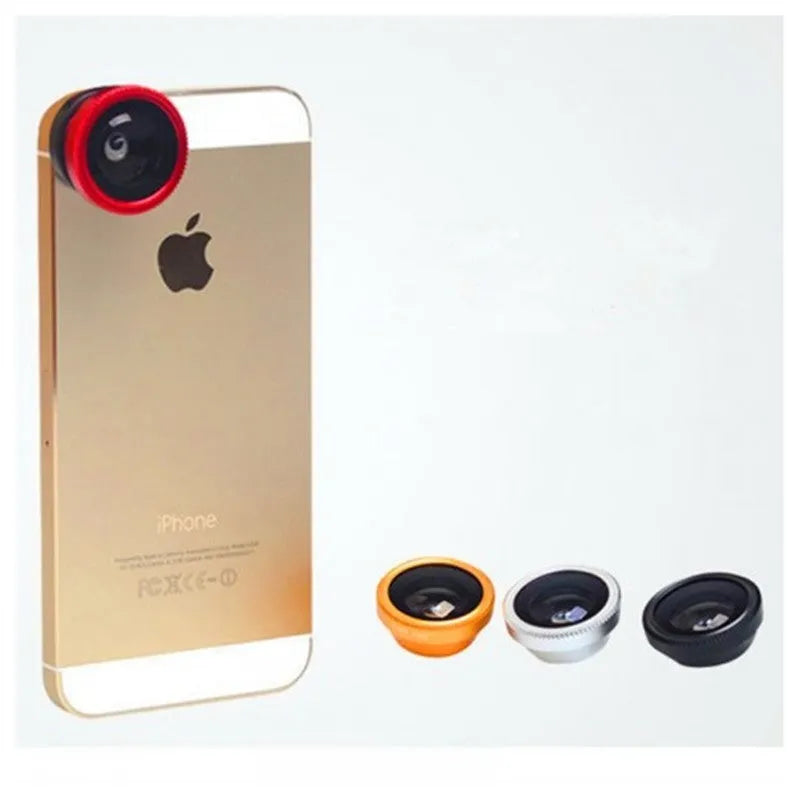Three-part smartphone lens kit showing fisheye, wide angle, and macro lenses with aluminium housing