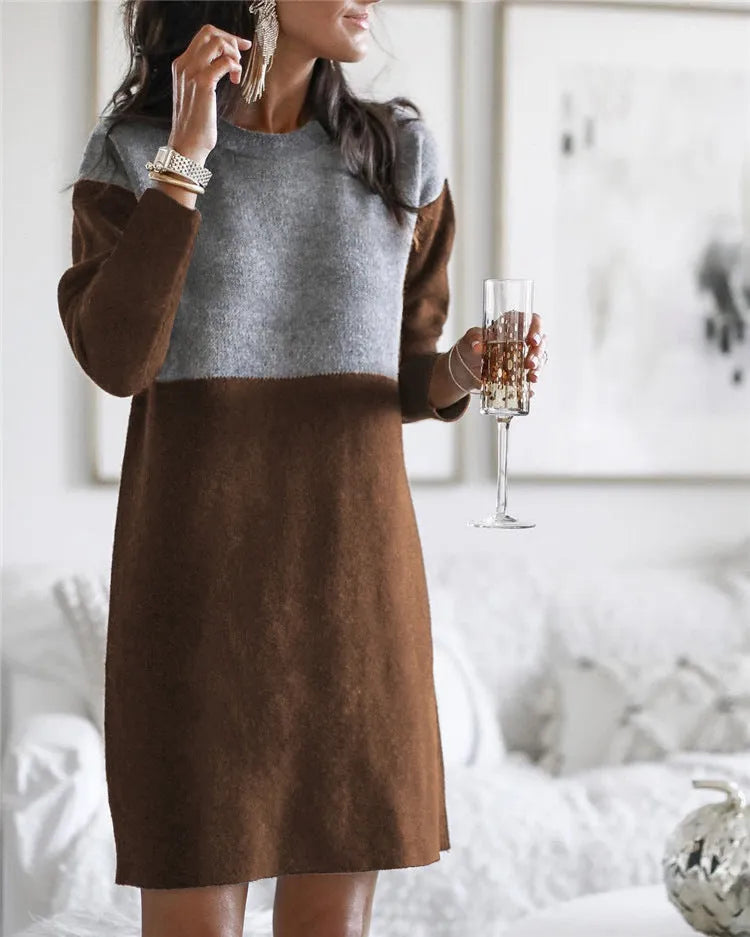 Brown women's art retro patchwork sweater dress with princess cut silhouette and long sleeves