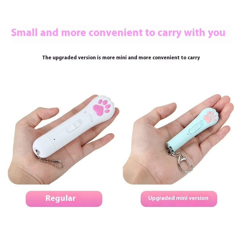 Blue rechargeable infrared cat toy projecting laser footprints on floor with separate cat teasing stick.