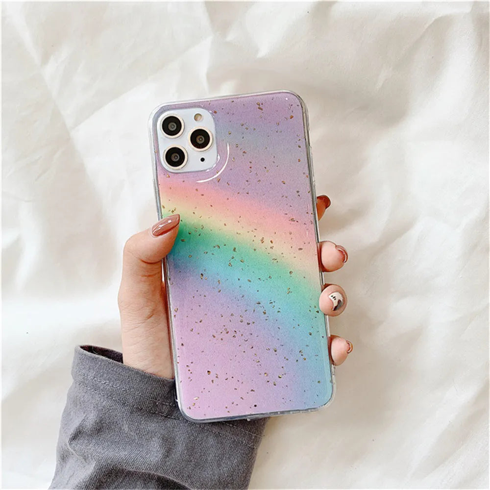 Rainbow gradient striped TPU phone case for iPhone models with anime-inspired design