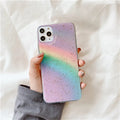 Rainbow gradient striped TPU phone case for iPhone models with anime-inspired design