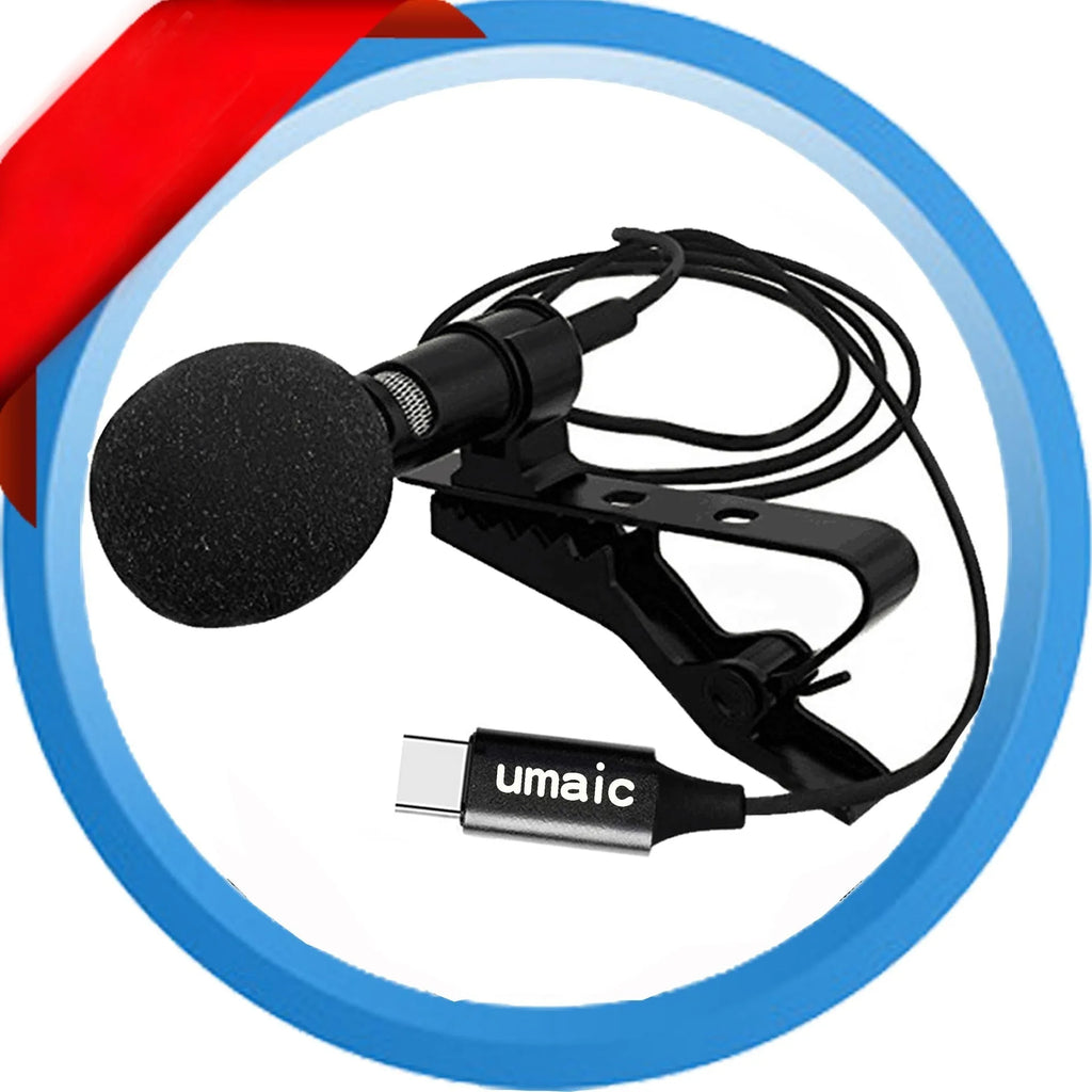 Black USB-C lavalier microphone with digital DAC chip, metal clip, sponge cover, and storage bags.