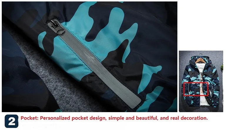 Men's camouflage hooded jacket with luminous zipper, available in multiple colours and sizes M to 5XL