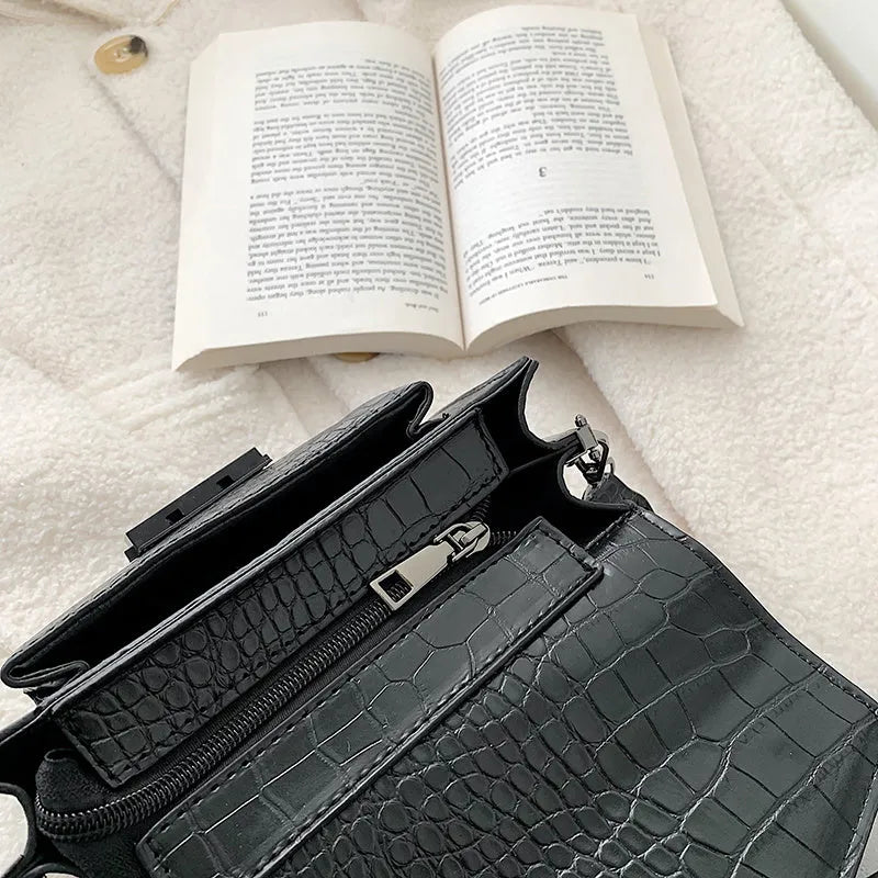 Vintage PU crossbody bag in black, dark brown, khaki, or red with dimensions 20cm wide by 14cm high.