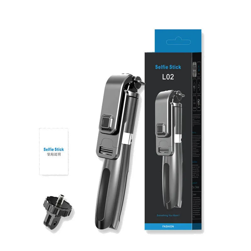 Black Bluetooth selfie stick with tripod base extended, showing wireless remote and phone mounted.
