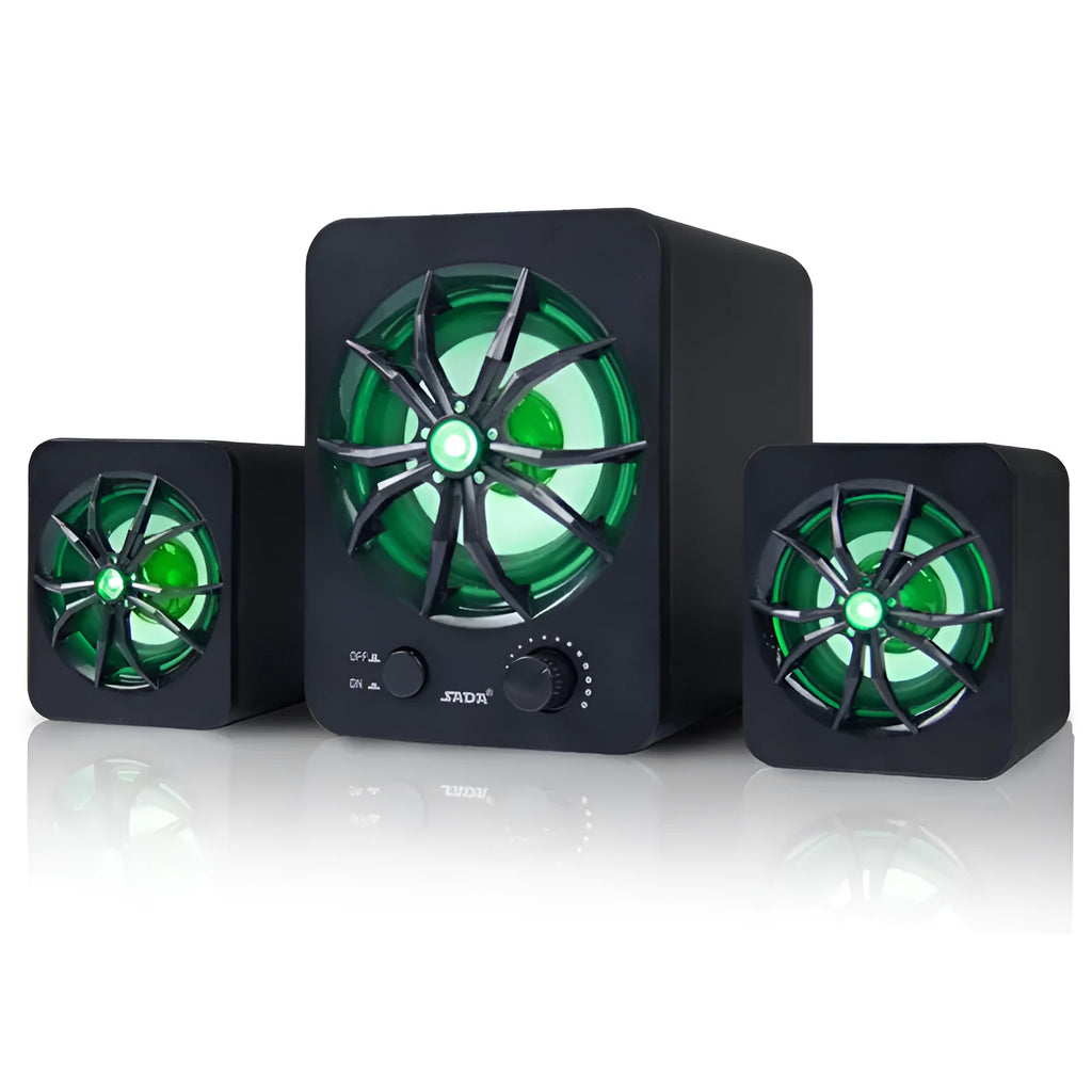 Green 2.1 USB computer speaker with colourful glowing light and dual connectivity ports