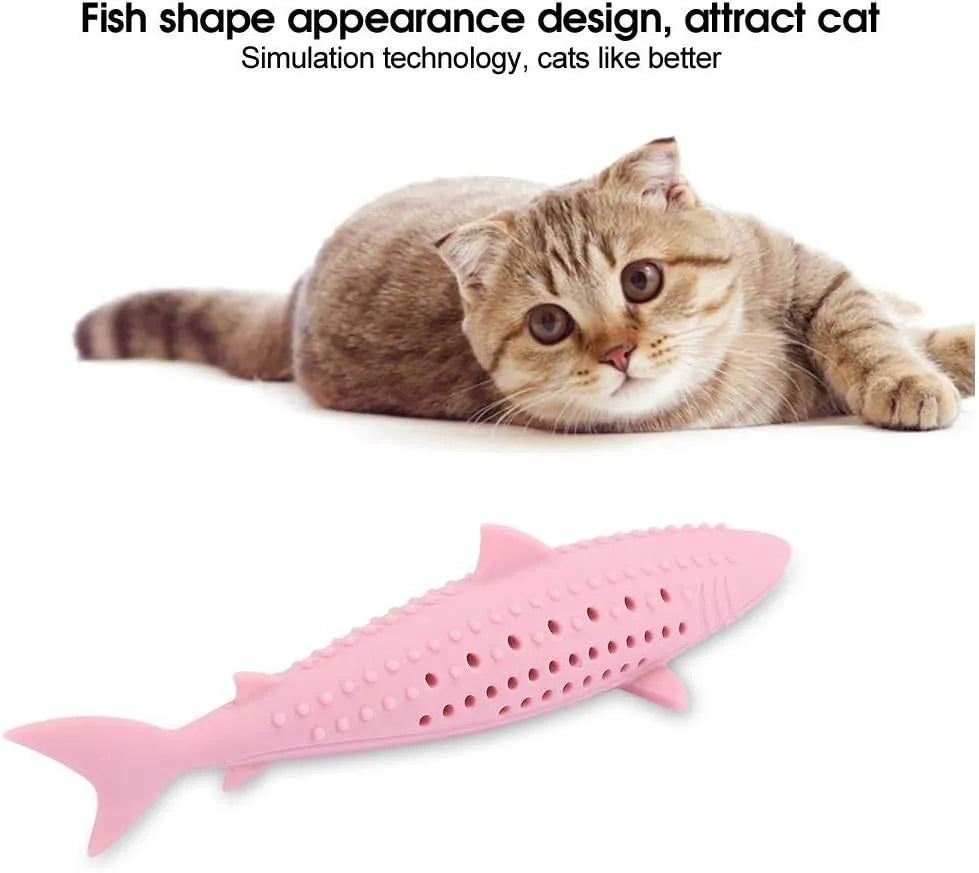 Green silicone fish-shaped cat chew toy with dolphin details and visible side holes.
