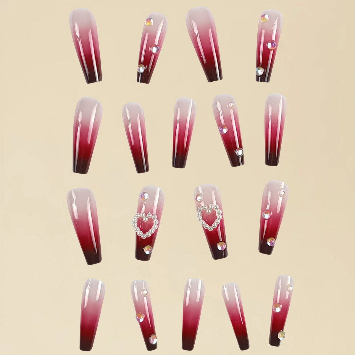 Wine red gradient plaid fake nail tips with ballet style shape