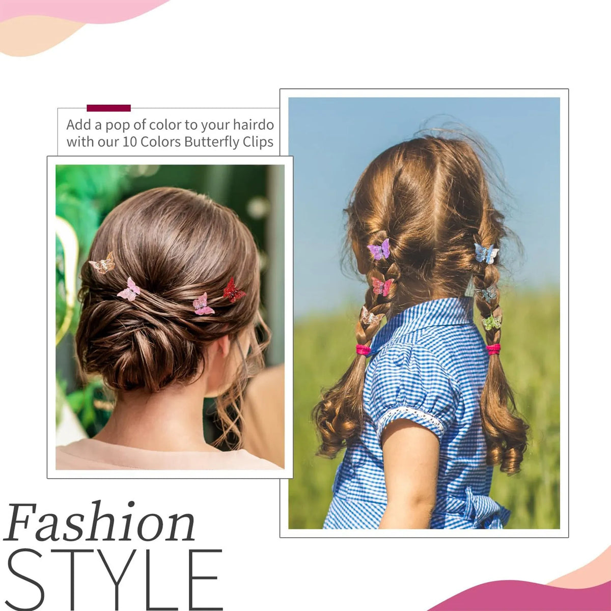 Set of 50 small glitter butterfly hair claw clips in assorted colours on a white background.