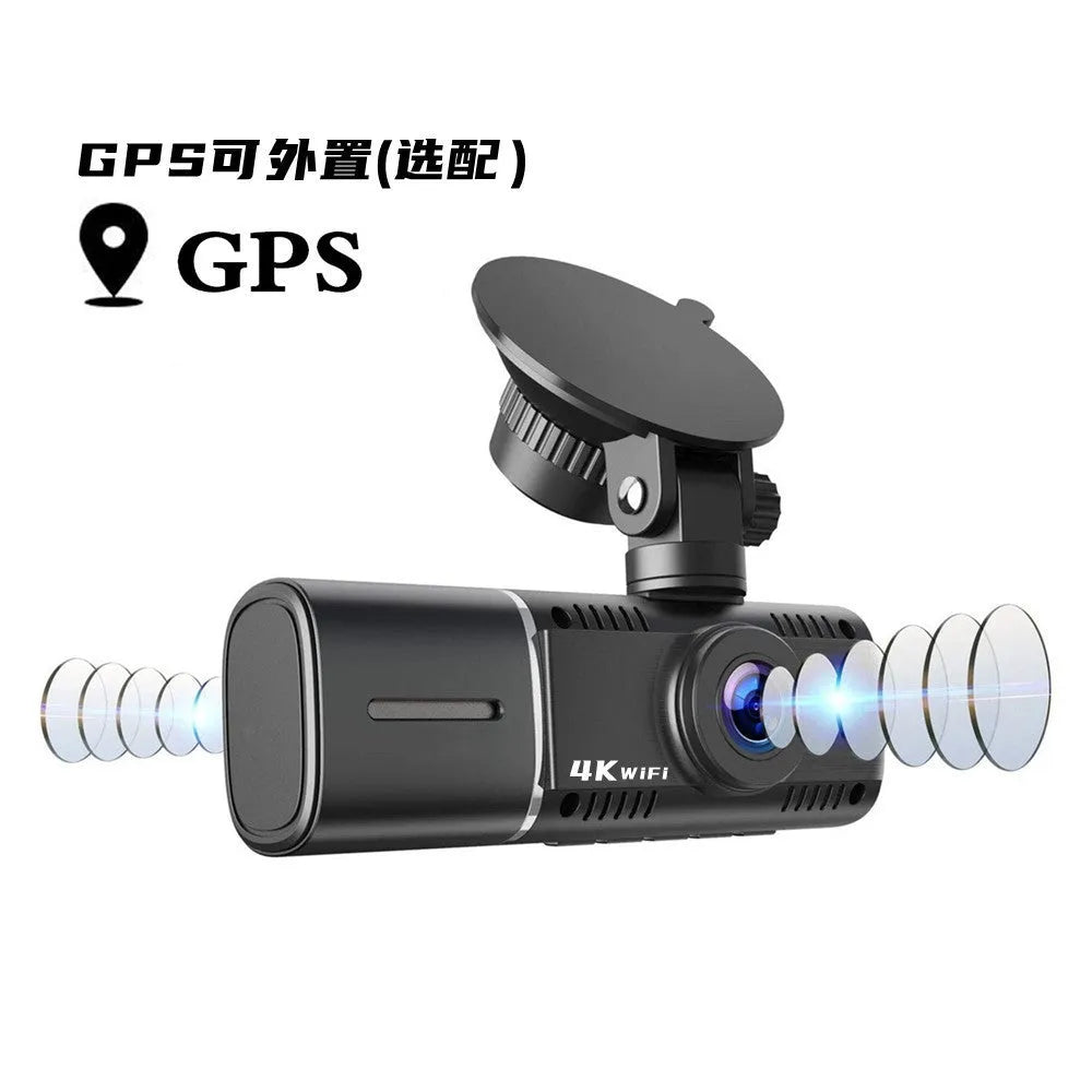 Black dual-lens car dash camera for front and rear recording with parking surveillance mode