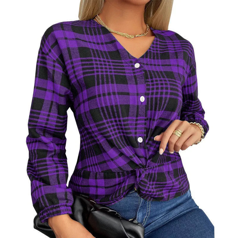 Women's purple plaid loose-fit casual shirt with regular sleeves on a hanger