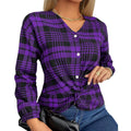 Women's purple plaid loose-fit casual shirt with regular sleeves on a hanger