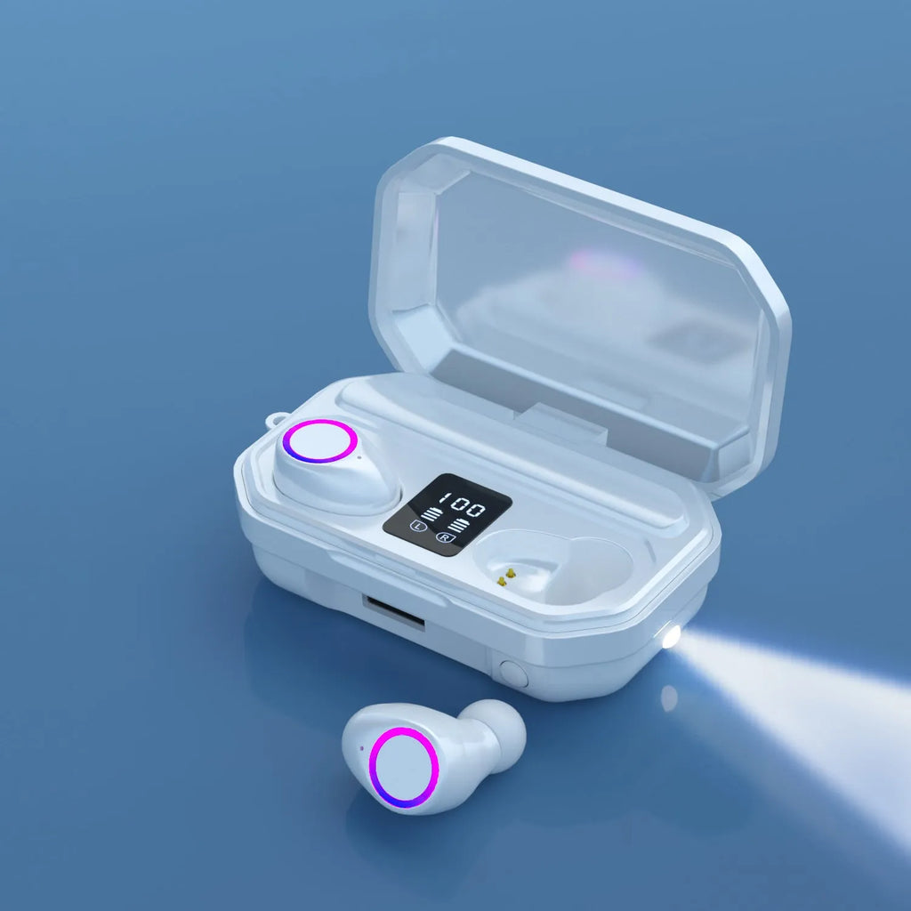 Black wireless Bluetooth earbuds with charging case showing LED battery display