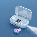 Black wireless Bluetooth earbuds with charging case showing LED battery display