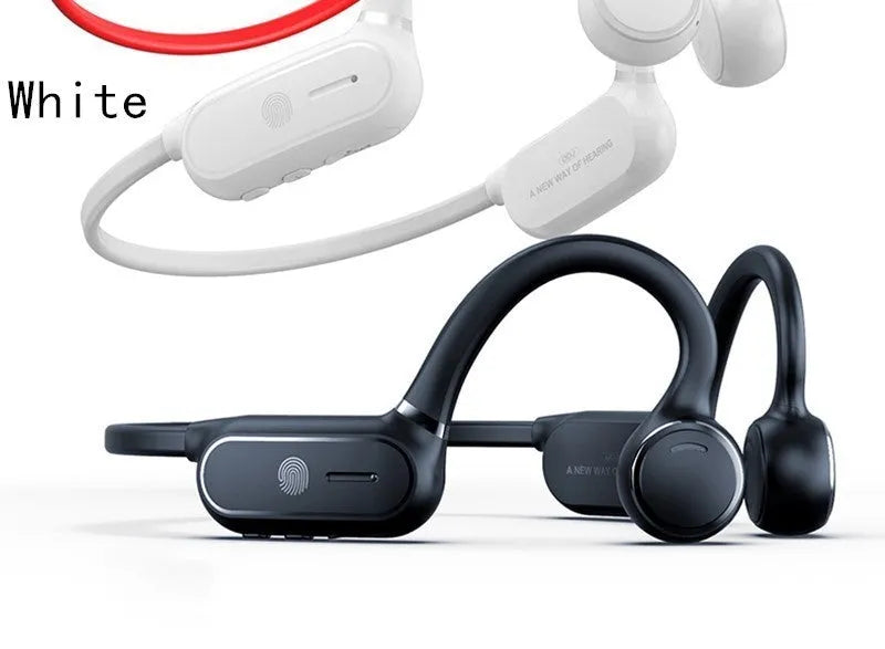 Black air conduction Bluetooth earphones with titanium alloy frame showing ear-hook design
