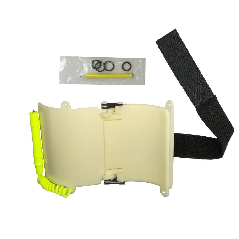 White luminous ABS wristboard for underwater diving communication with attached pencil