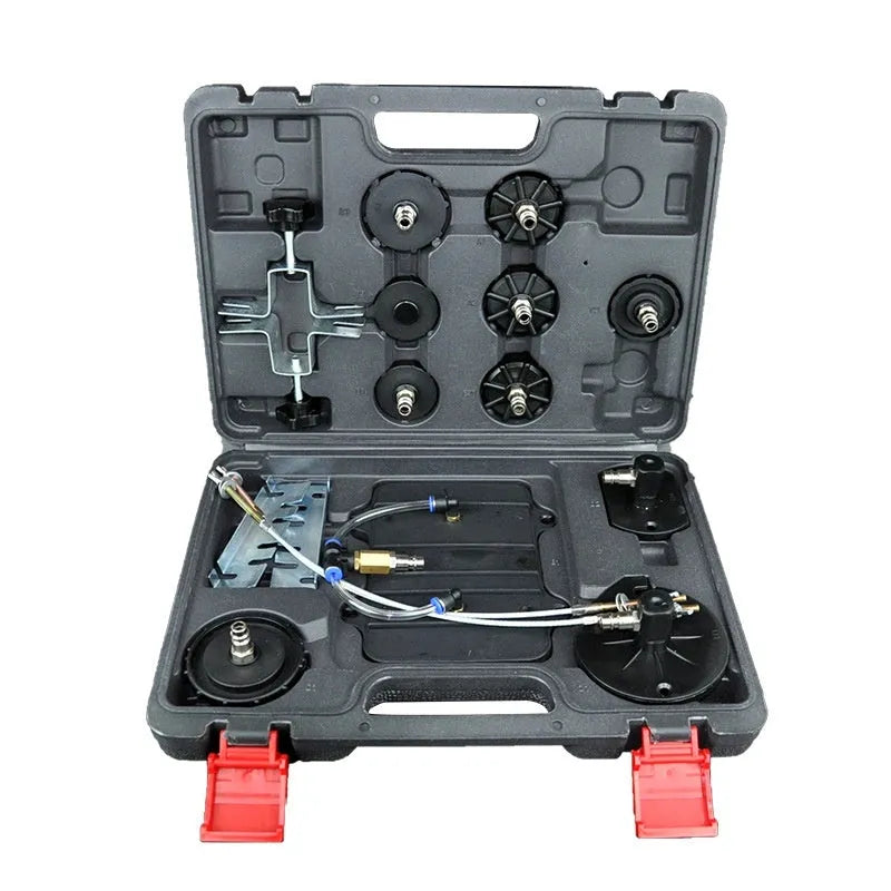 Pneumatic brake fluid replacement pumping tool with large tank and pressure gauge