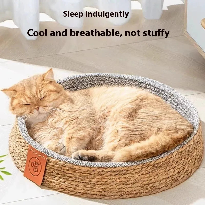 A woven rattan cat nest or bed, shown in one of four available sizes for small to extra large cats.