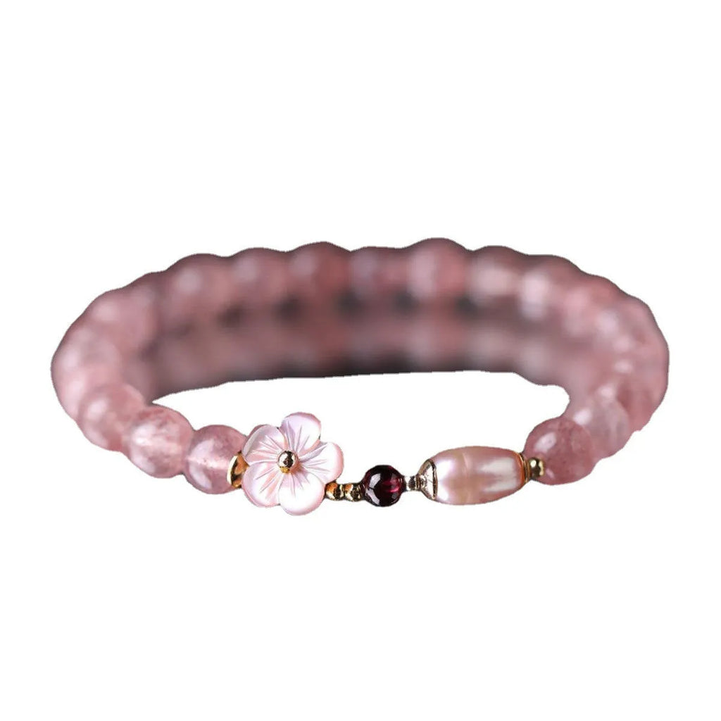 Crystal peach blossom bracelet with strawberry quartz coloured flower beads for women's casual jewellery