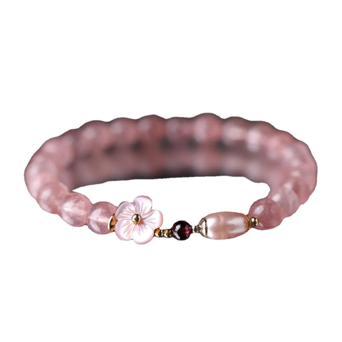 Crystal peach blossom bracelet with strawberry quartz coloured flower beads for women's casual jewellery