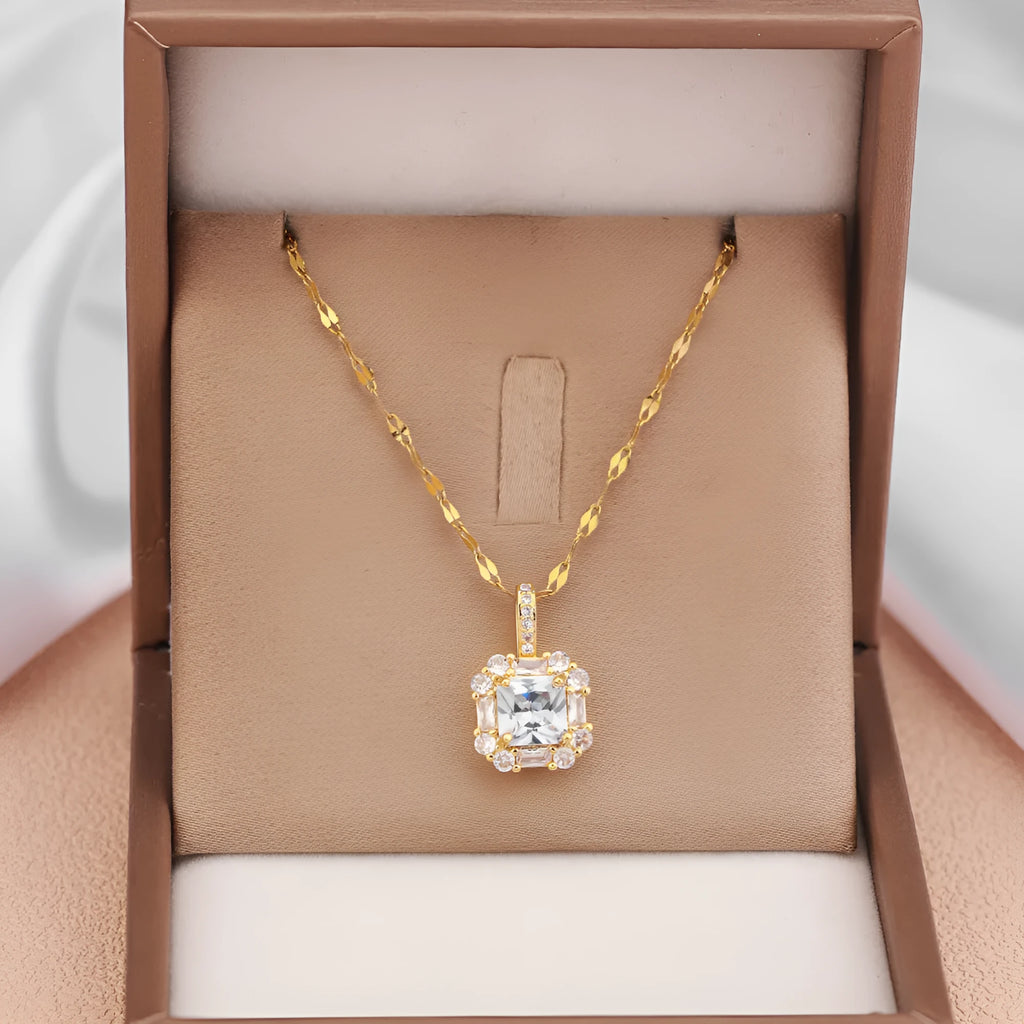 Women's titanium steel clavicle chain with geometric quadrilateral gem pendant and water wave chain