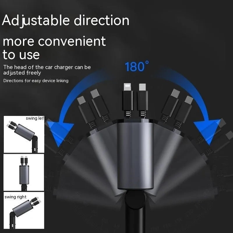 Automatic retractable car charger with USB ports plugged into a vehicle cigarette lighter socket.