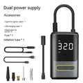 Handheld wireless digital display car air pump with LED light, hose, and multiple nozzles on black background