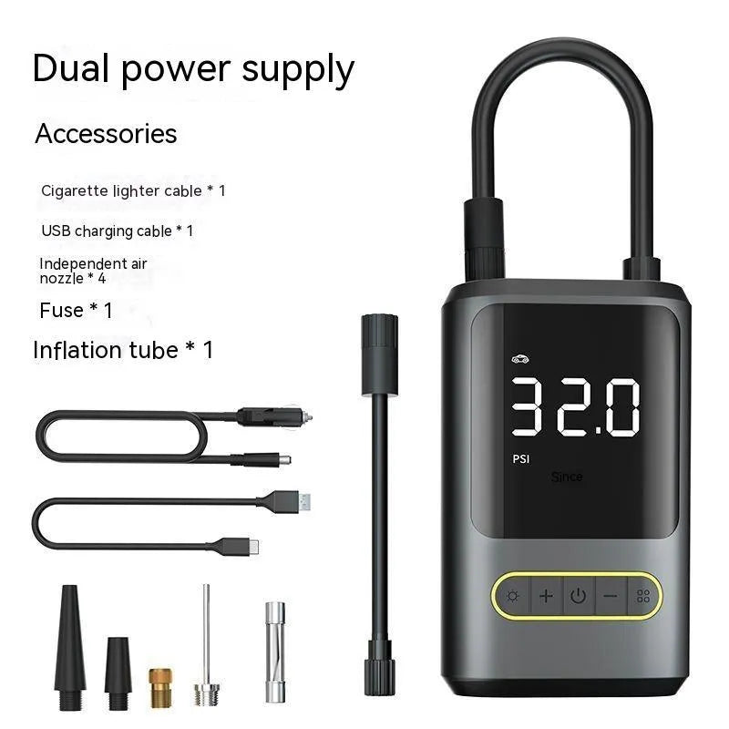 Handheld wireless digital display car air pump with LED light, hose, and multiple nozzles on black background