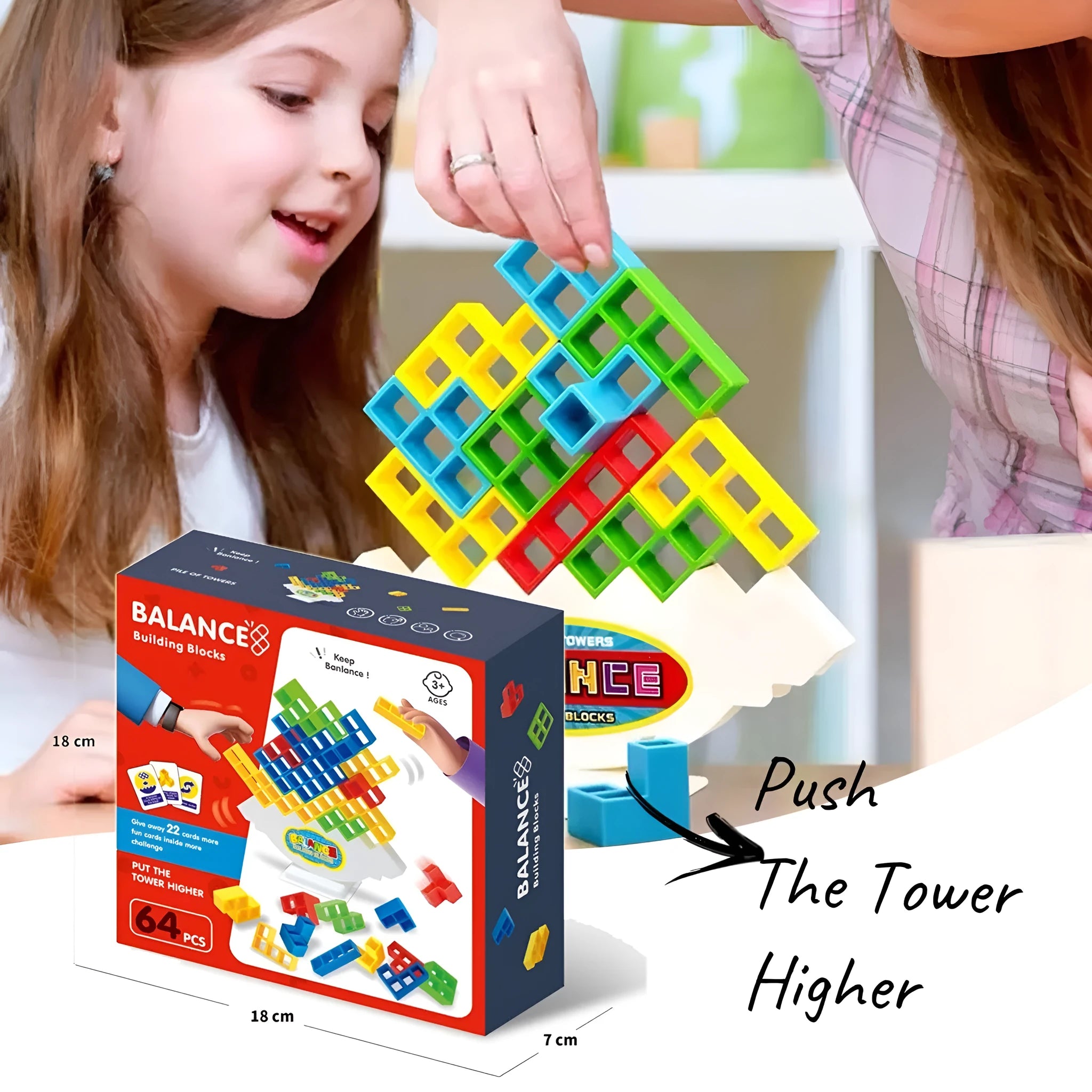 Plastic balance stacking board game with 16 coloured blocks, chassis, and base on a table