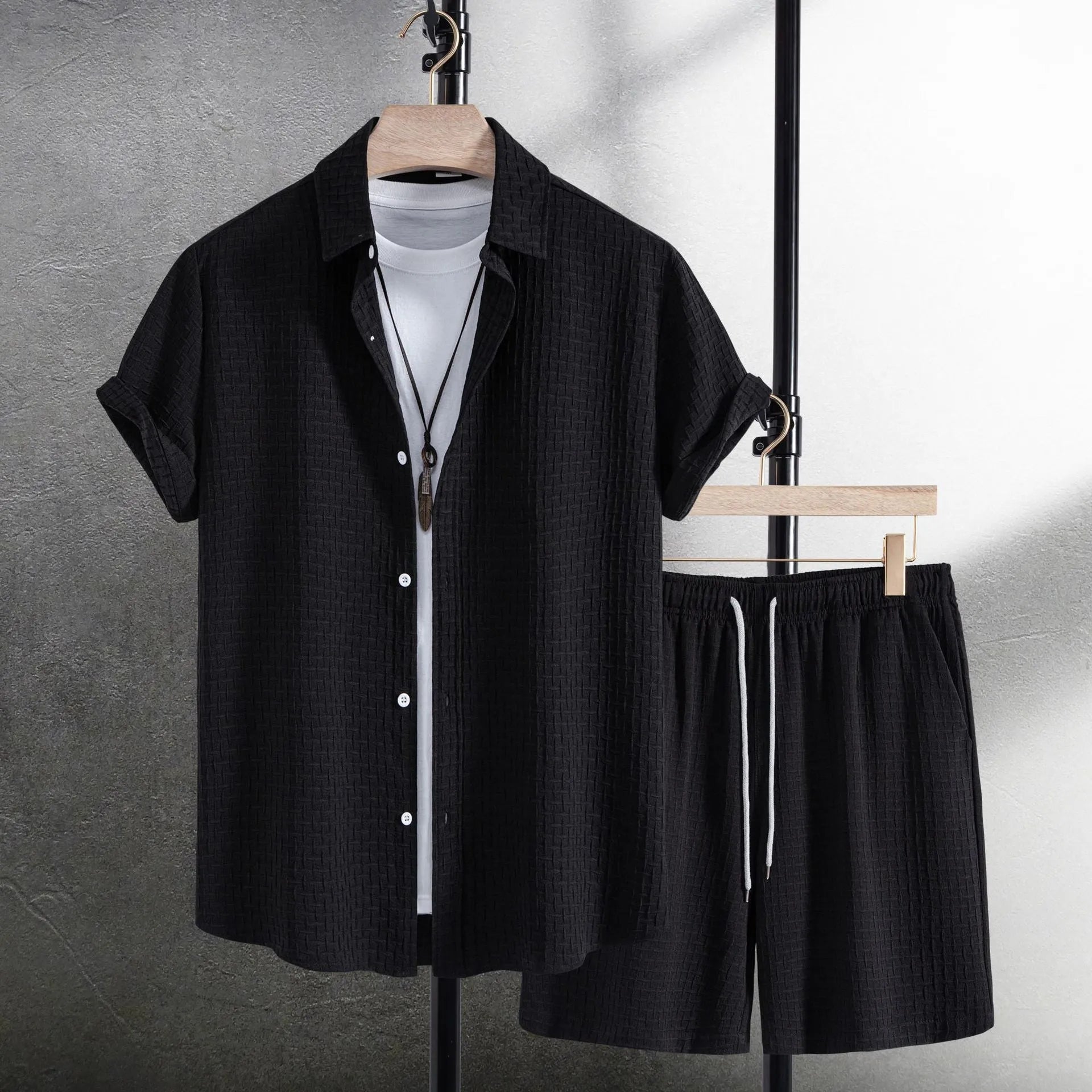 Men's white cotton blend short sleeve shirt and matching shorts beach suit casual summer outfit