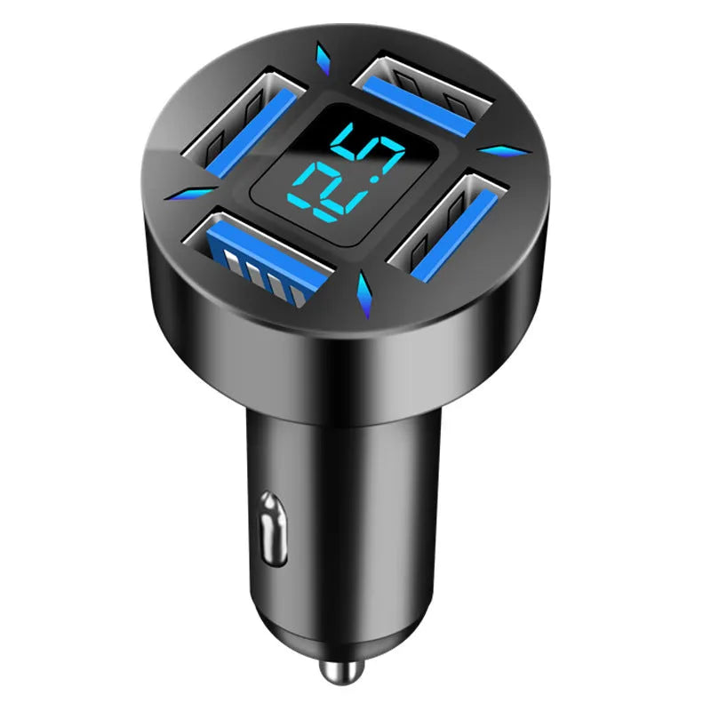 Black four-port car charger with digital display showing charging status