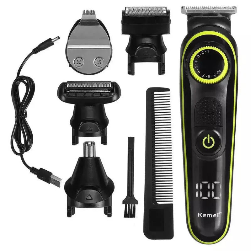 Black KM-696 rechargeable electric hair clipper set with stainless steel blades on a white background.
